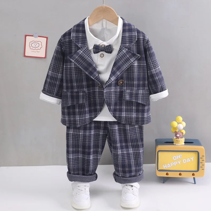 solid color Plaid gentleman suit set boy'                             